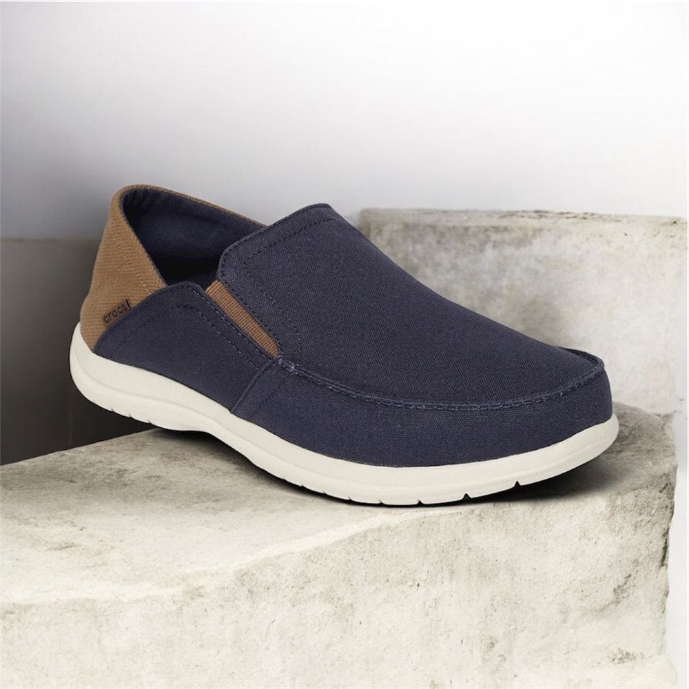CROCS Santa Cruz Mens Blue Brown Canvas Convertible Slip On Loafer Shoe- Size 14